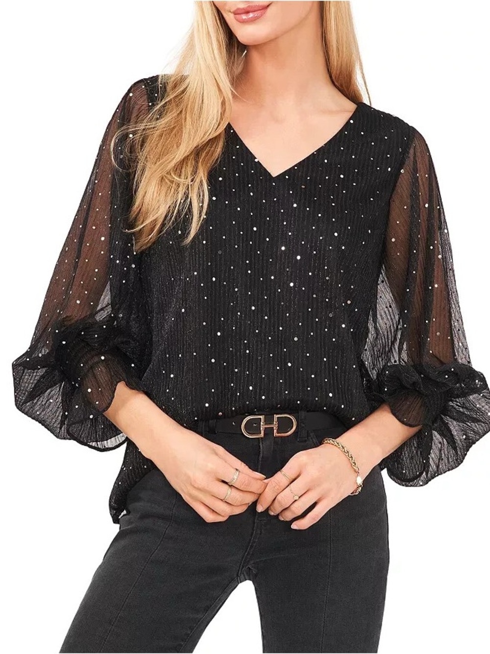 Halogen Sparkly Sheer Balloon Sleeve Blouse